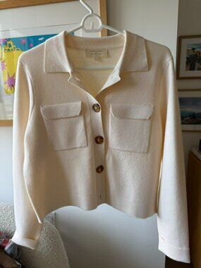 Sézane Will Knit Jacket Ecru Cream Merino Wool Cotton Tortoiseshell Buttons - S